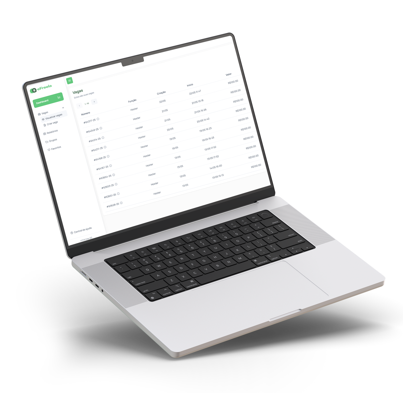 Tela de um macbook aberta no efreela dash, onde mostra as últimas vagas de forma organizada e com diversas informações em colunas 
